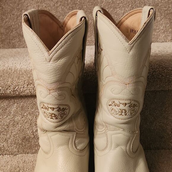 Dos De Oro Women's White Leather Western Boots w/ Gold Stitch Detailing Size 6 - Picture 3 of 14